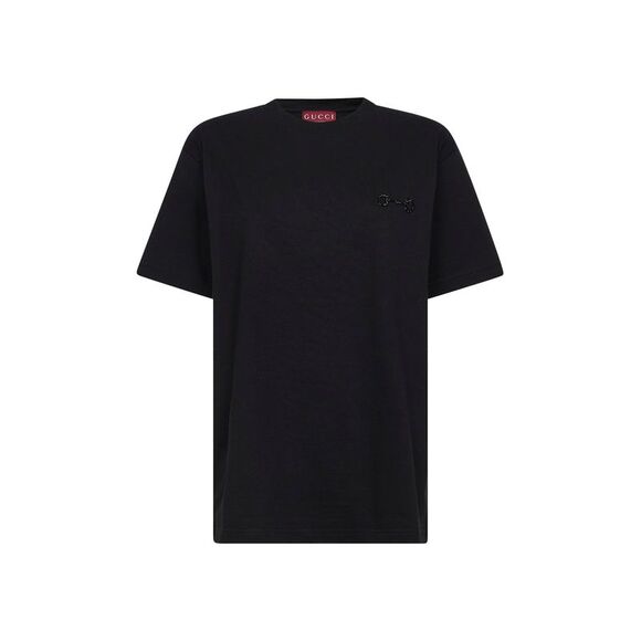 Gucci Women Black Cotton Jersey Embroidered T-Shirt